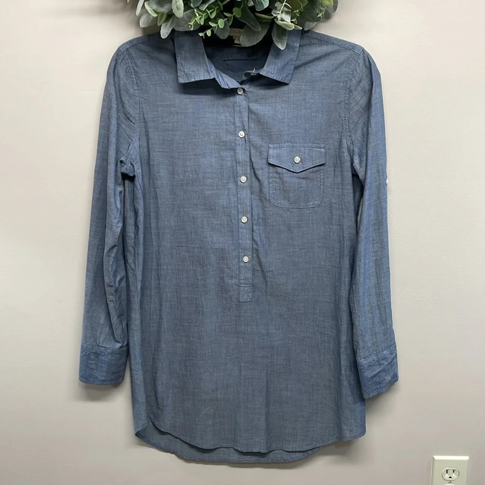 J. Crew Lightweight Chambray Popover Pocket Tunic Long Roll Tab Sleeve XS